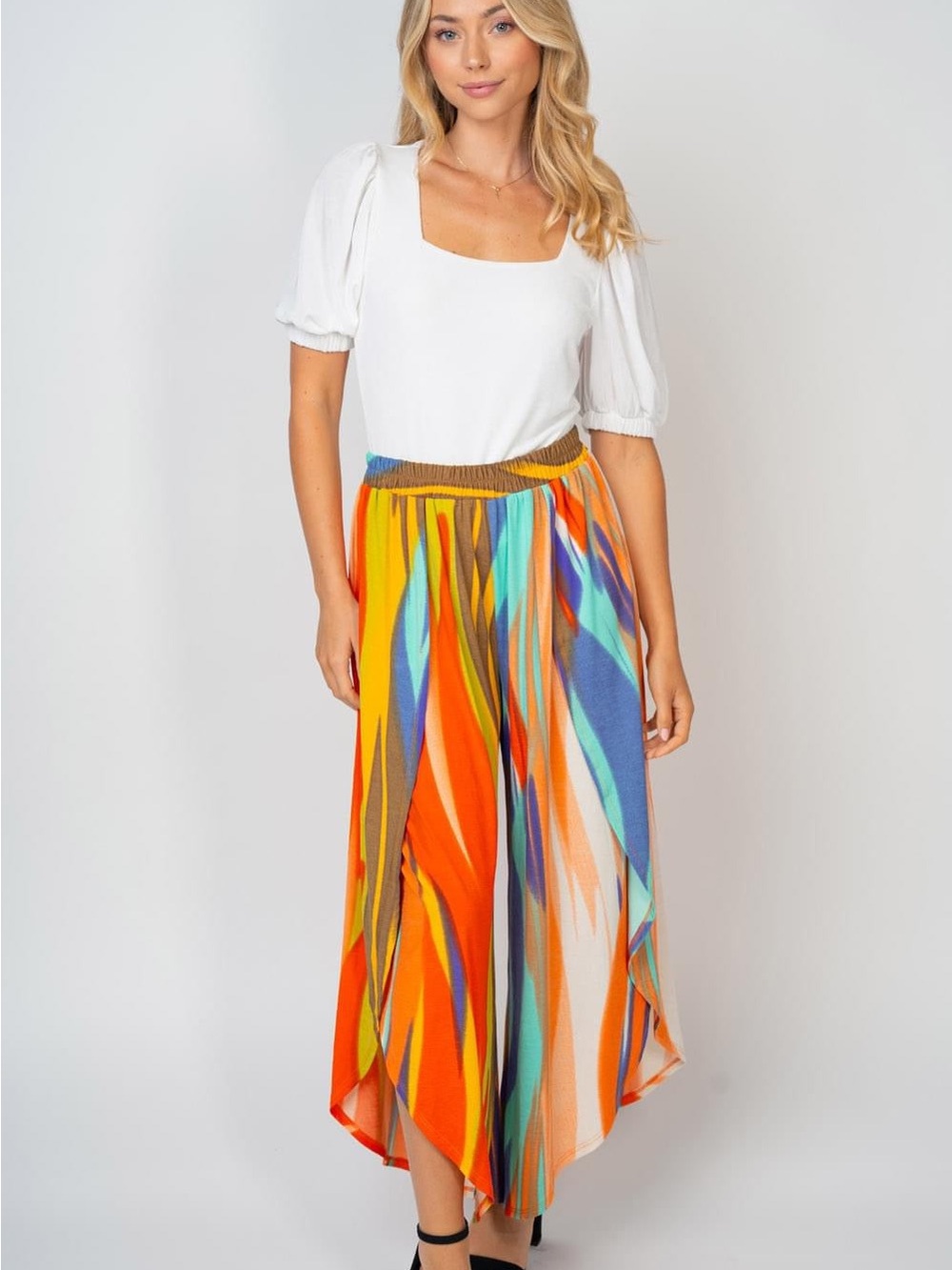Small & Medium Multicolor Abstract Print Slit Pants - Vibrant Orange